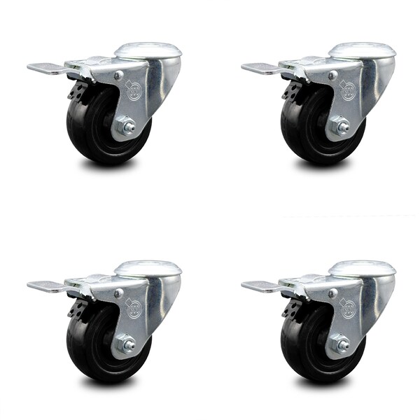 3 Inch Hard Rubber Wheel Swivel Bolt Hole Caster Set with Total Lock Brake SCC